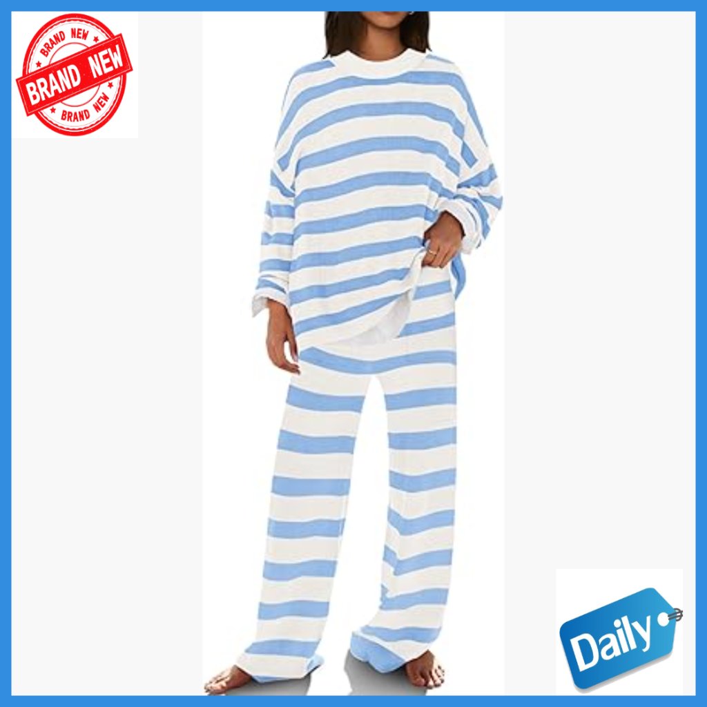 Striped Lounge Set With Pockets, Oversized Top And Wide Leg Pants